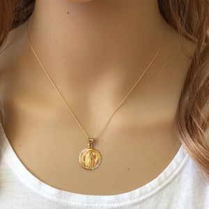14K Solid Gold Virgin Mary DC Pendant Necklace